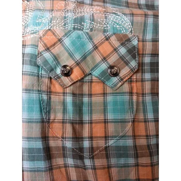 Wrangler Rock 47 Womens L Shirt Plaid Rhinestone Snap Front Embroidered Cotton - Picture 5 of 9